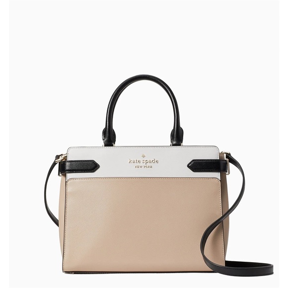 ♠️ kate spade ♠️ Staci Saffiano Colorblock Medium Satchel Crossbody Bag, Beige - Picture 2 of 14